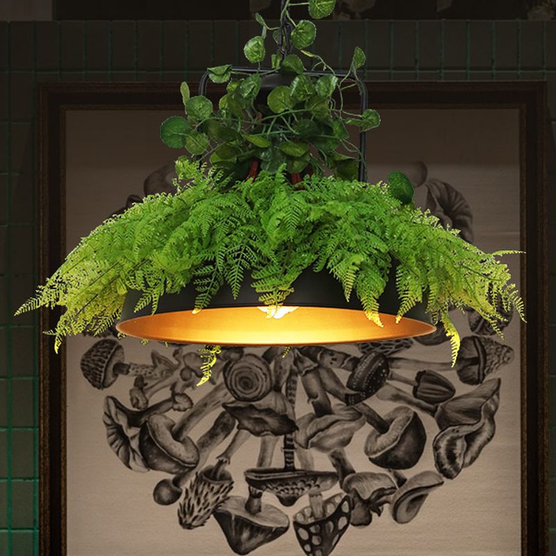 Black Barn Pendant Light Retro Metal 1 Head Restaurant LED Ceiling Lamp with Plant, 14"/18"/19.5" Width