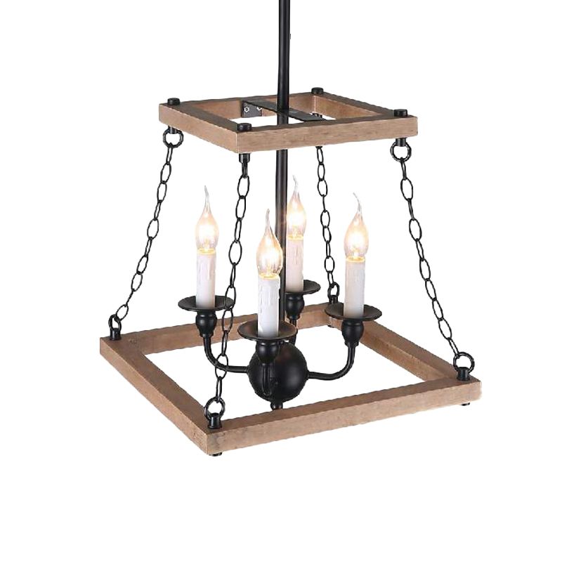 Brown Trapezoid Chandelier Lamp with Flameless Candle Farmhouse Metal and Wood 4-Light Kitchen Hanging Lamp