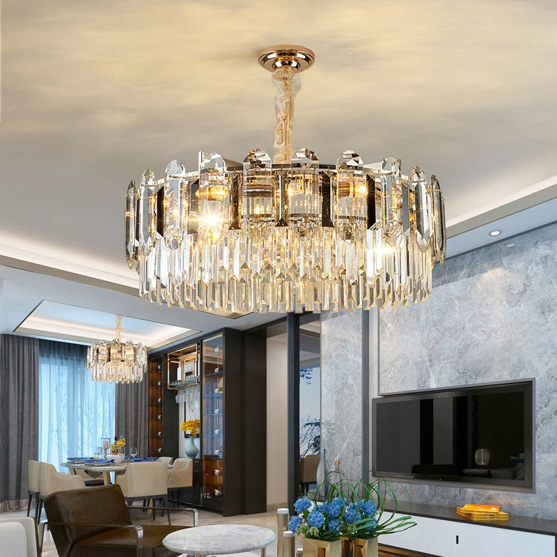 Drum Shaped Pendant Chandelier Contemporary Clear Crystal Hanging Light Fixture for Living Room