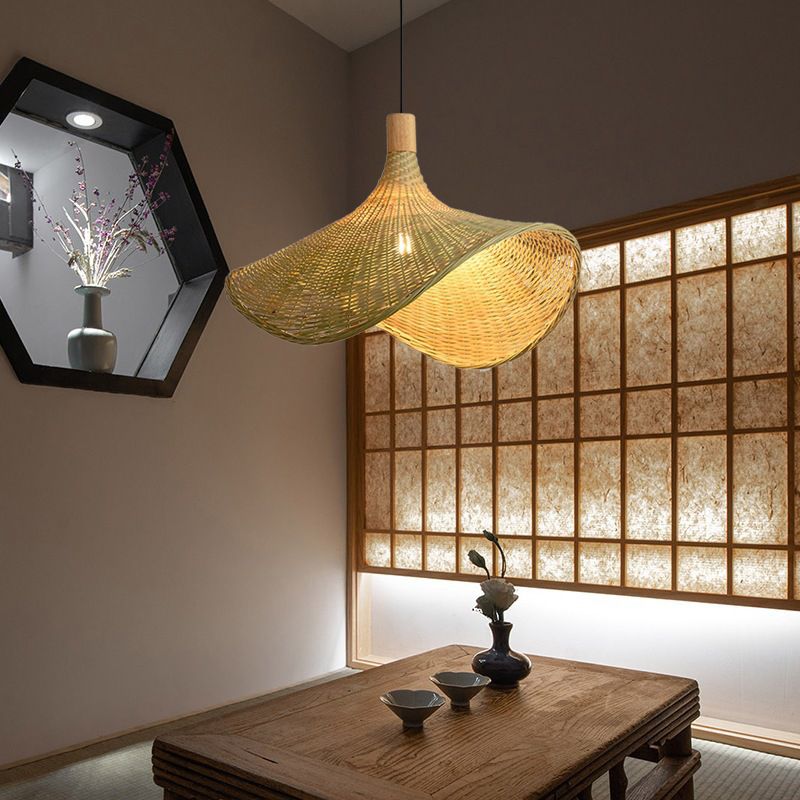 Asia Style Pendant Ceiling Light Beige Hat Hanging Pendant Light with Bamboo Shade