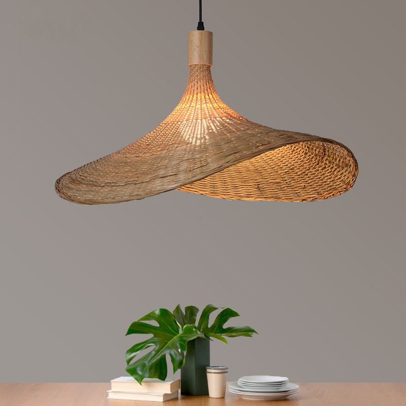 Asia Style Pendant Ceiling Light Beige Hat Hanging Pendant Light with Bamboo Shade