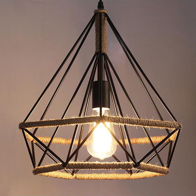 Rope Diamond Pendant Light Fixture Industrial Restaurant Pendant Light Kit in Beige