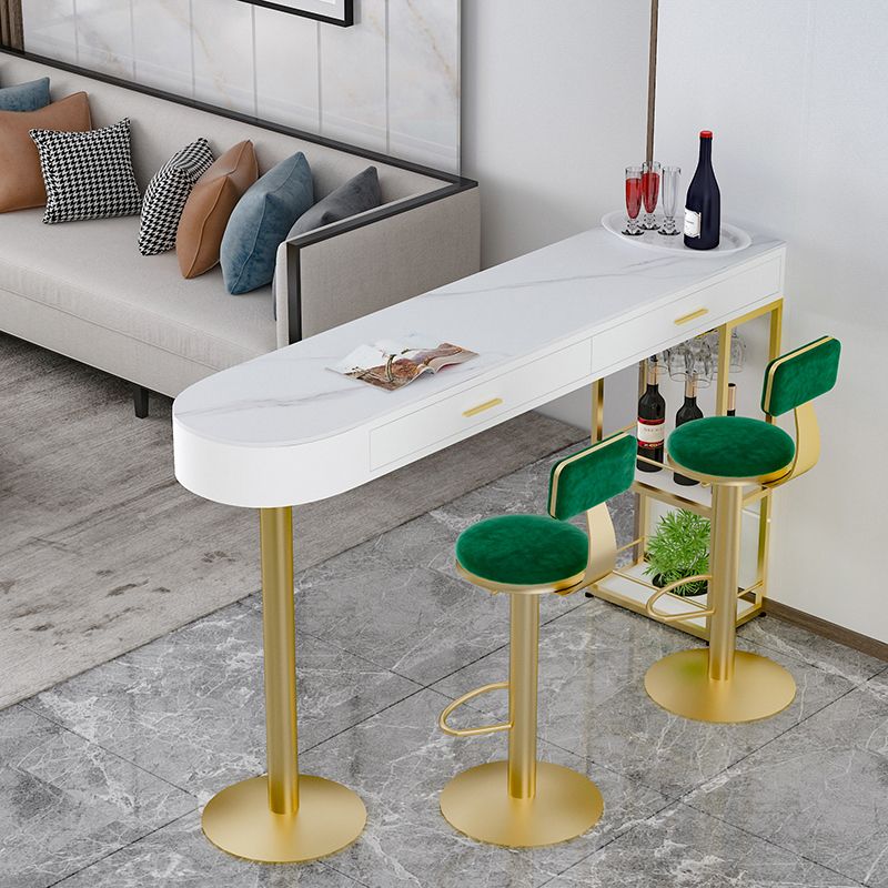 Glam Gold Iron Bar Dining Table White Stone Top Indoor Bistro Table with Drawer