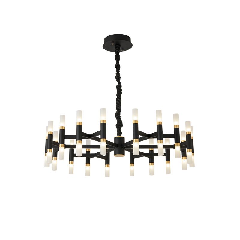 24/36/60 Lights LED Bedroom Chandelier with Tubular Iron Shade Modern Black/White Ceiling Pendant