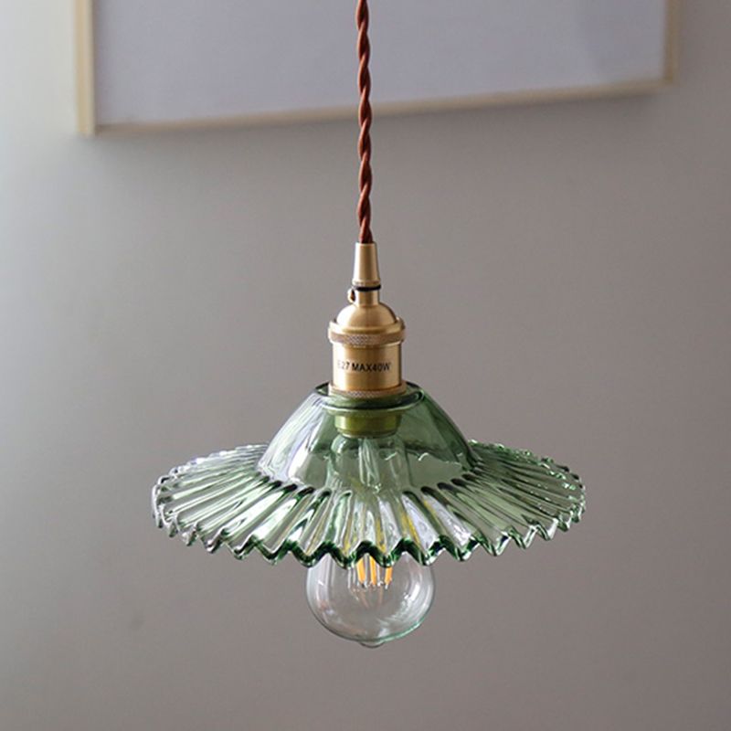 8.66'' Width Brass Pendant Light Industrial Scalloped Glass Shade Mini Hanging Lamp for Coffee Shop