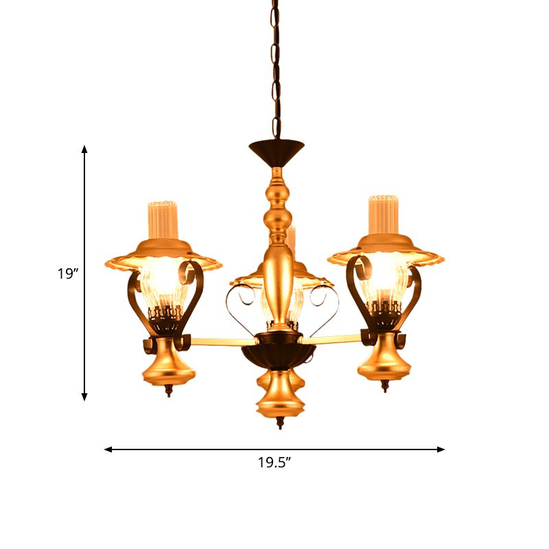 3/5 Lights Lantern Chandelier Lighting Height Adjustable Metal and Glass Vintage Pendant Lamp in Gold