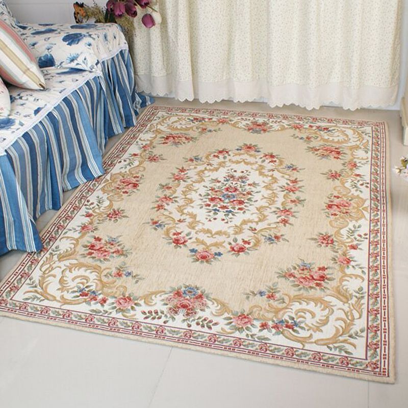 Vintage Sleeping Room Rug Beige and Blue Flower Pattern Carpet Polyester Anti-Slip Backing Machine Washable Area Rug