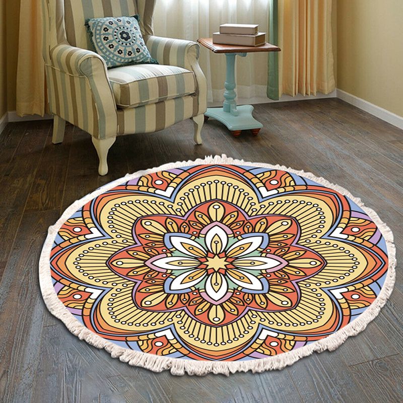 Round Boheemse woonkamer tapijt Nationaal Patroon Area Rug katoen Blend Fringe Tapijt