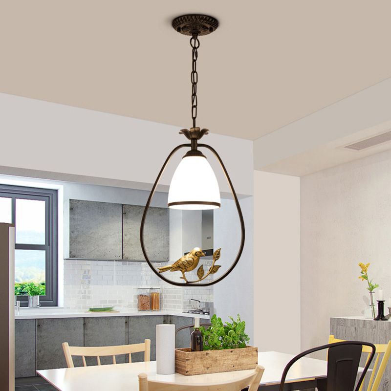 Cream Glass Bell Suspension Light Cottage Single Dining Room Pendant Ceiling Light with Bird Decor in Black