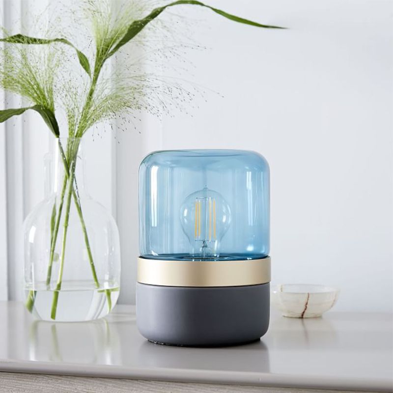 1 Bulb Bedroom Small Desk Light Modern Grey Table Lamp with Cylinder Light Blue Glass Shade