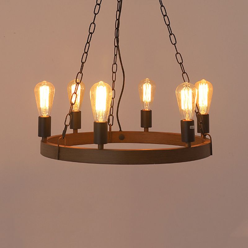Antique Wood Hanging Pendant Lights Industrial 6-Lights Hanging Lights for Bar