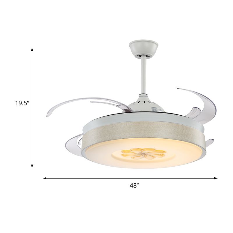 Modern Style Drum Shape LED Ceiling Fan 6 Wind Speed 8 Reversible Blade Acrylic White Semi Flush Mount Light