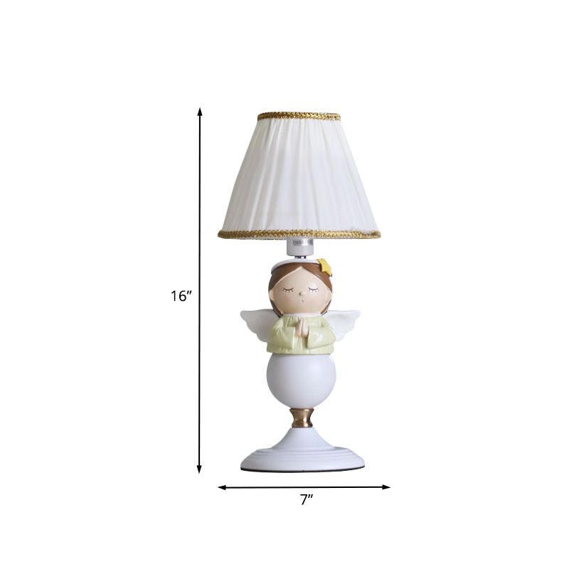 Resin Angel Night Table Light Cartoon 1 Bulb White Nightstand Lamp with Bucket Fabric Shade