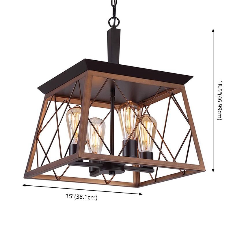 15 Inches Wide Industrial Style Hanging Lamp 4-Lights Retro Metal Iron Cage Pendant for Restaurant