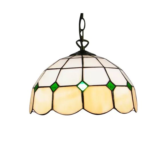 Beige/Orange/Blue Dome Hanging Pendant Light Tiffany 1 Bulb Stained Art Glass Ceiling Hang Fixture for Living Room, 8"/12"/16" W