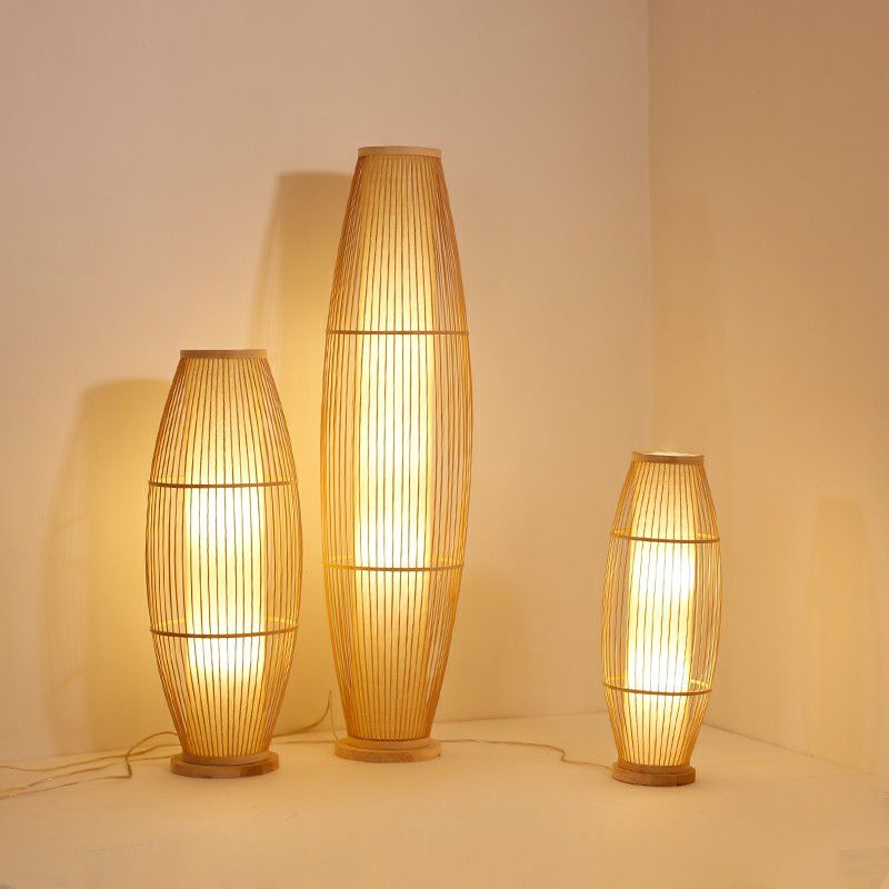 1-Head Living Room Floor Light Modern Wood Standing Lamp with Oval Bamboo Cage Shade