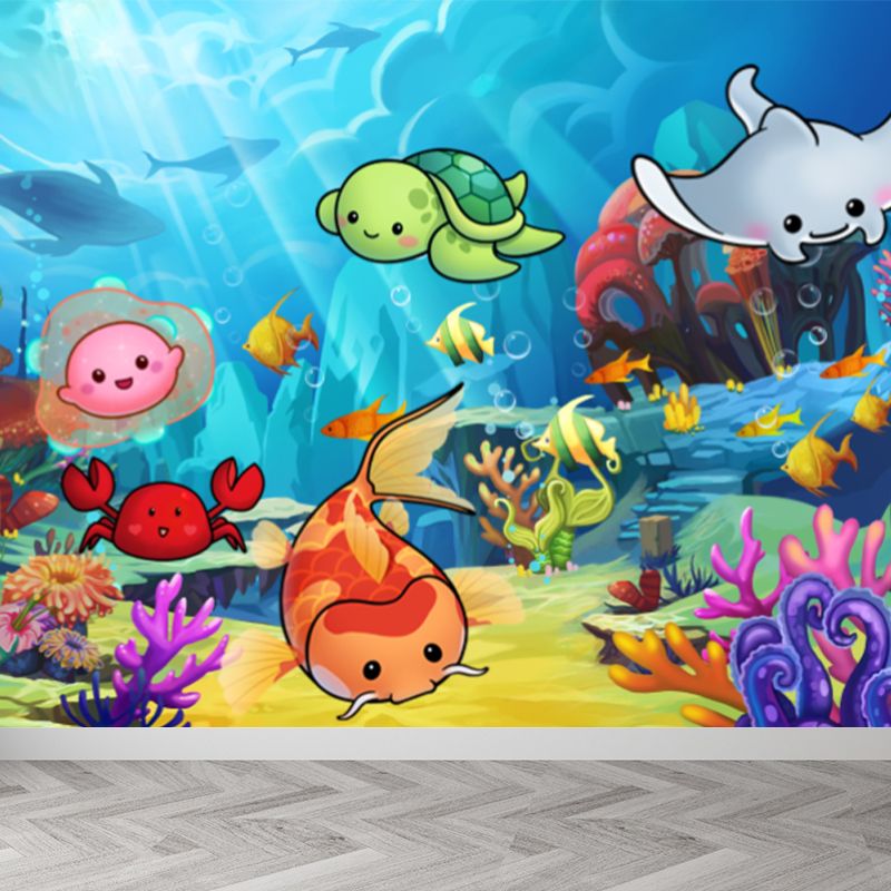 Cute Undersea Animals Mural Wallpaper Blue Non-Woven Wall Covering for Decor, Custom Size