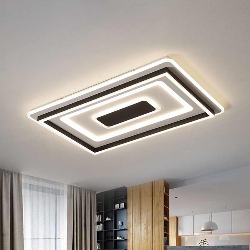 Tiered Rechthoek Dunne Led Plafond Lamp Modernist Sitting Room Flush-Mount Light Fixture in Zwart, Warm/Wit Licht