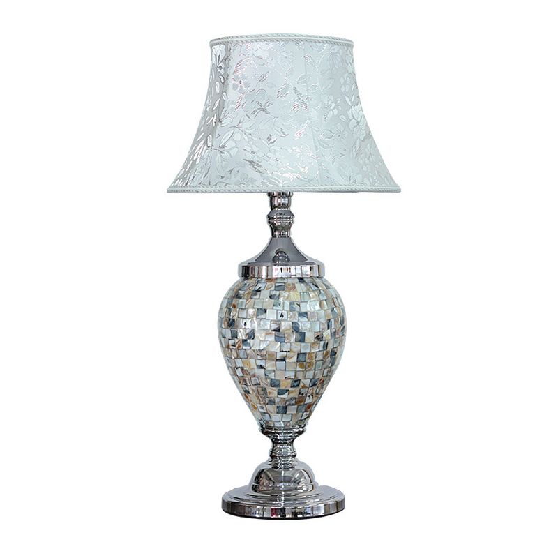 1-Light Print Fabric Table Lamp Traditional Light-Blue Flared Living Room Night Stand Light with Oval Shell Base