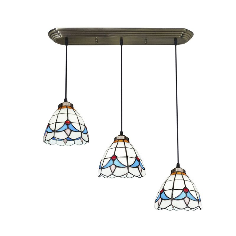 Buntglas schattiert hängende leichte traditionelle 3 Köpfe Bronze Multi -Light -Anhänger