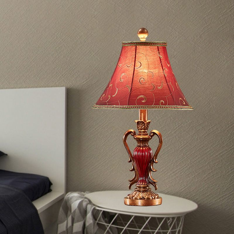 1-Light Desk Light Antique Style Bell Shade Fabric Night Table Lamp in Red/White for Bedside