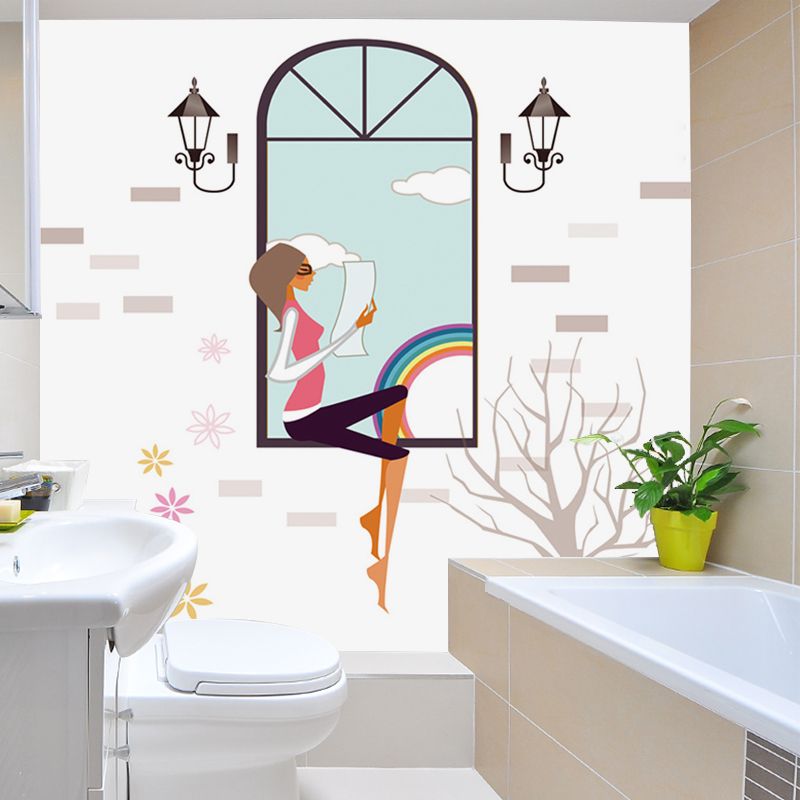 Non-Woven Water-Proof Murals Modern Girl Reading on Window Pattern Wall Covering in Blue-White