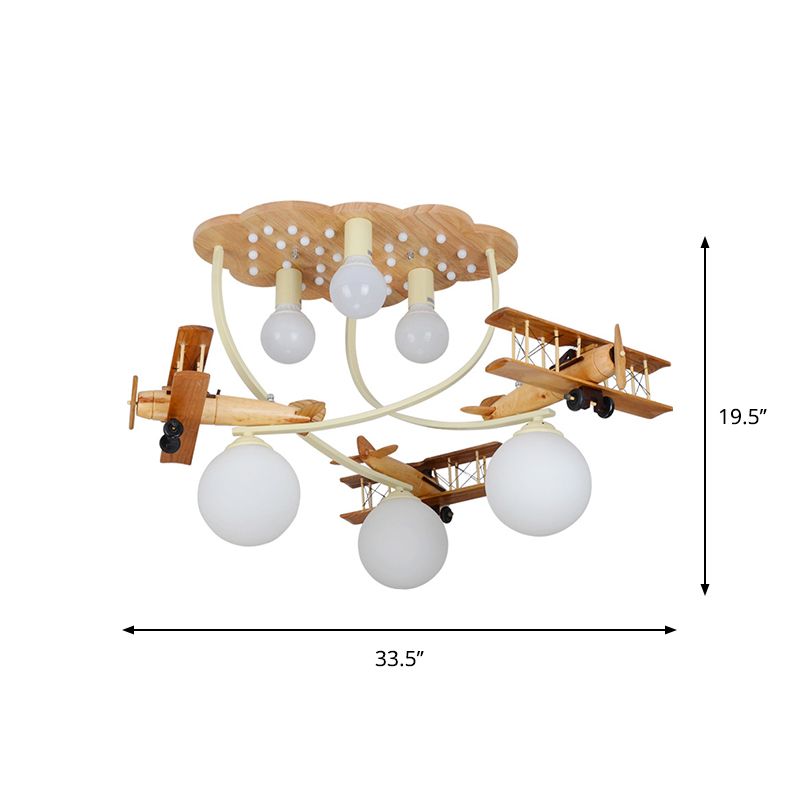 Biplan créatif proche du plafonnier en bois à 6 têtes pour chambre de garçons, plafonnier marron avec abat-jour globe en verre blanc