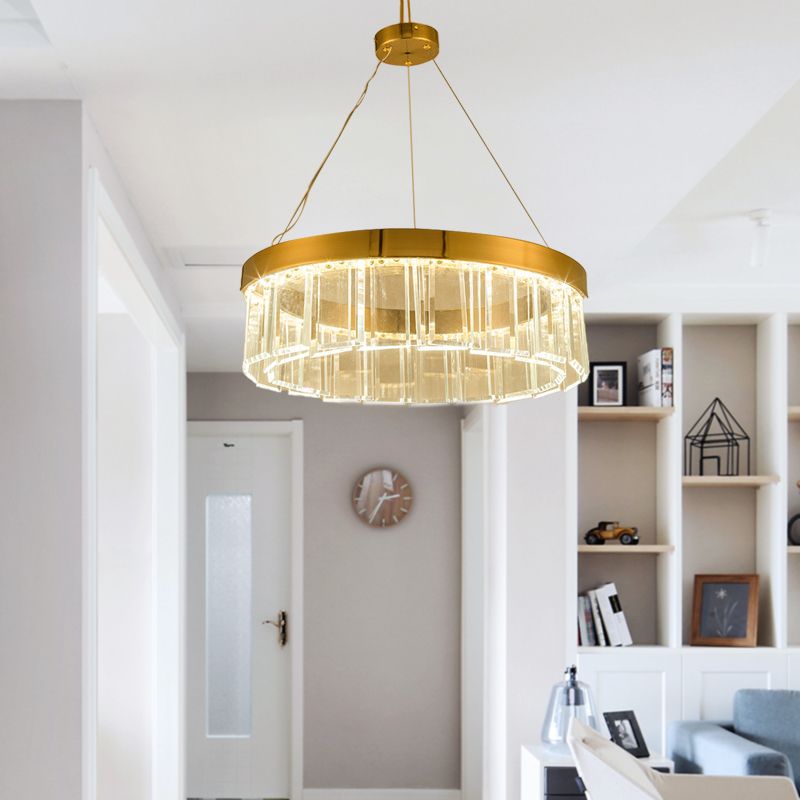 Crystal Panel Round Chandelier Lighting Postmodern Brass LED Suspension Light Fixture