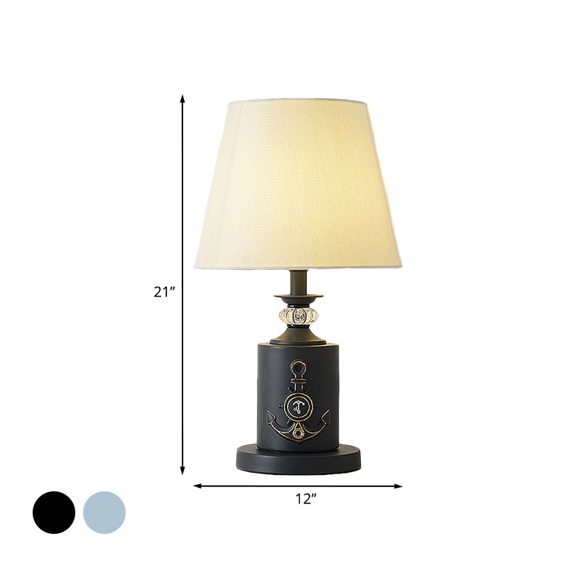 Mediterraner Stil Zylindertisch Leuchte Metall Ein-Nacht-Stoffnachtlampe in Schwarz/Wasser Blau