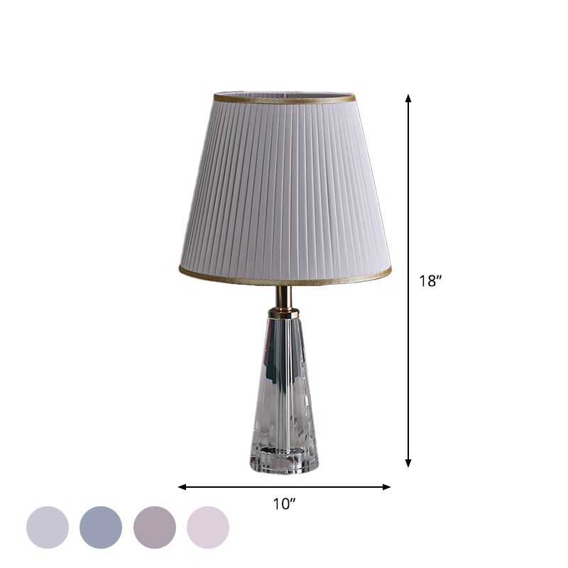 1 Light Conical Desk Lighting Minimalism Clear Crystal Nightstand Lamp in Grey/Pink/Blue with Pleated Shade