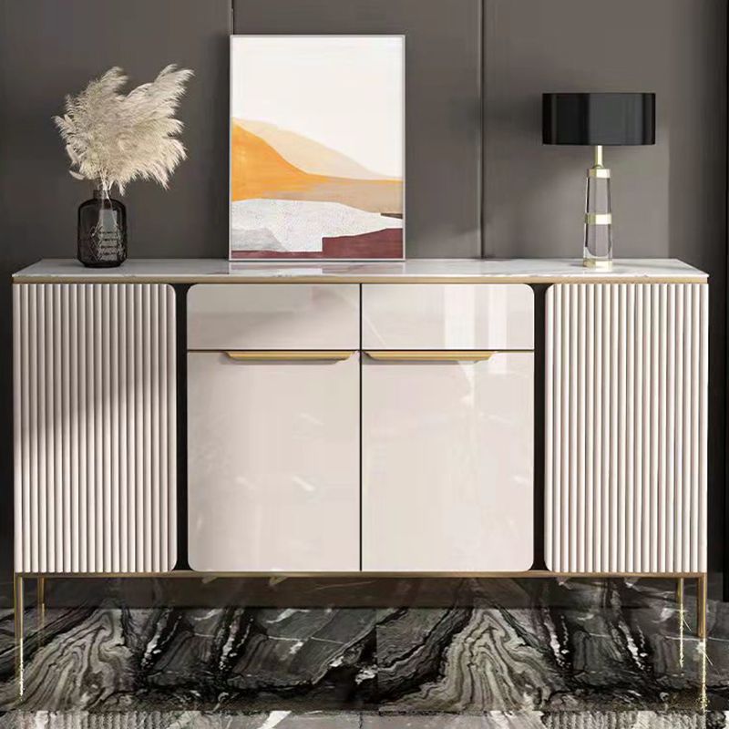 Glam Style Credenza Stone Glass Doors Buffet Credenza with Cabinets and Drawers