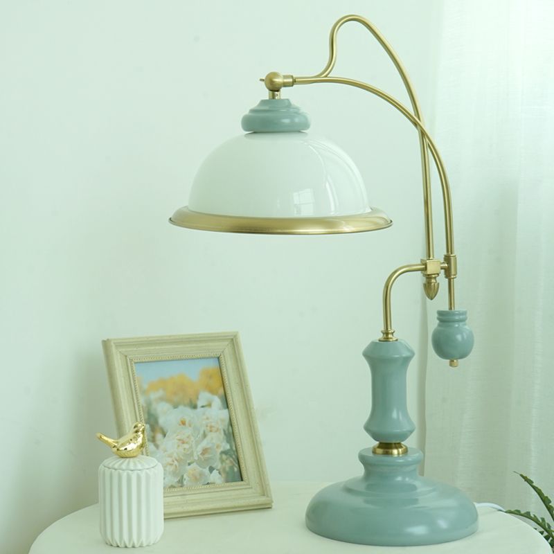 Vintage Bowl Reading Lamp 1-Light Frosted Glass Nightstand Lighting with Curved Arm in Blue