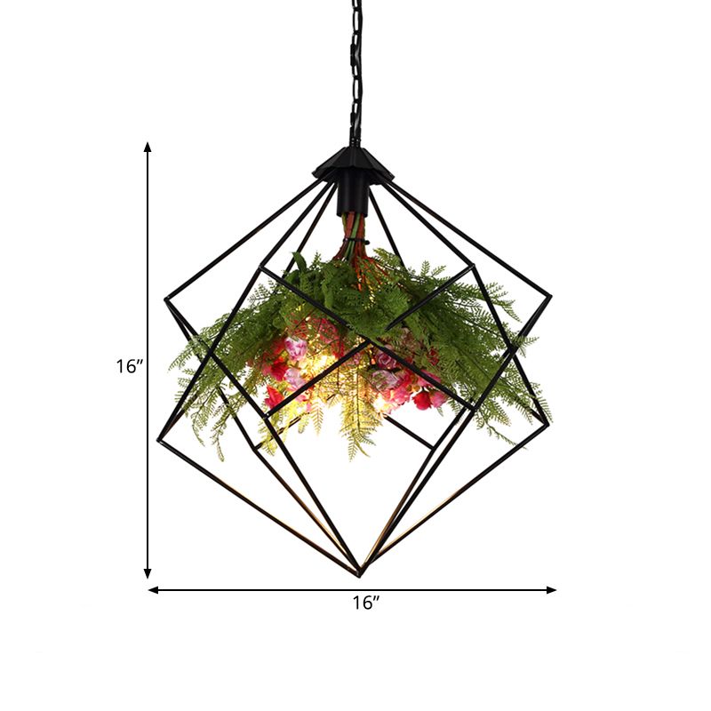 Industrial Geometric Plant Hanging Light 1 Bulb Metal LED Ceiling Suspension Lamp in Black, 16"/19.5"/23.5" Wide