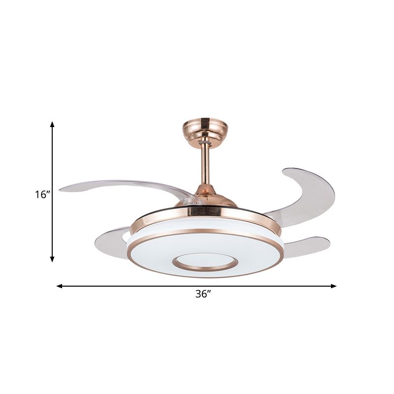 36" W Gold LED Pendant Fan Light Simplicity Acrylic Round Semi Flush Mount Lighting with 4 Blades for Bedroom, Remote/Wall Control/Remote and Wall Control