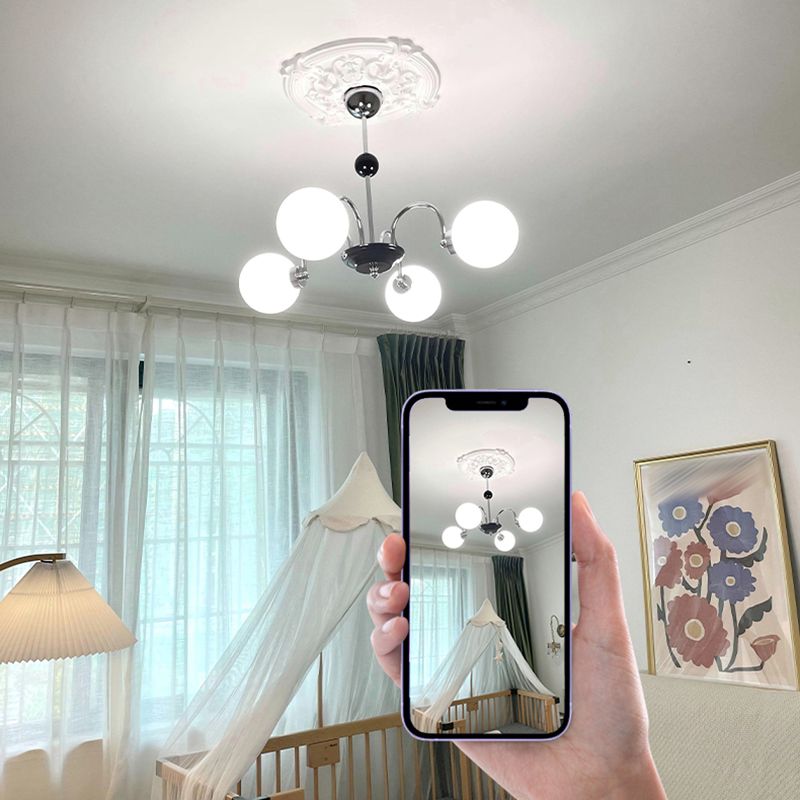 White Glass Suspension Light Modern Style Globe Shape Metal Chandelier Lighting