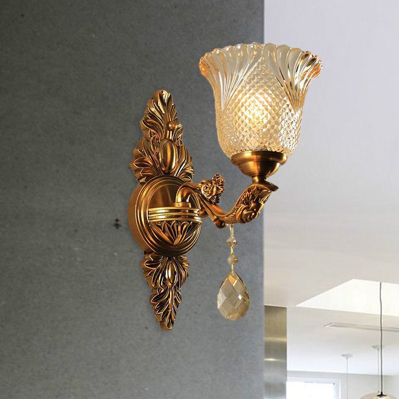 Lattice Glass Bell Wall Light Traditional 1/2-Head Living Room Sconce Lighting in Brass