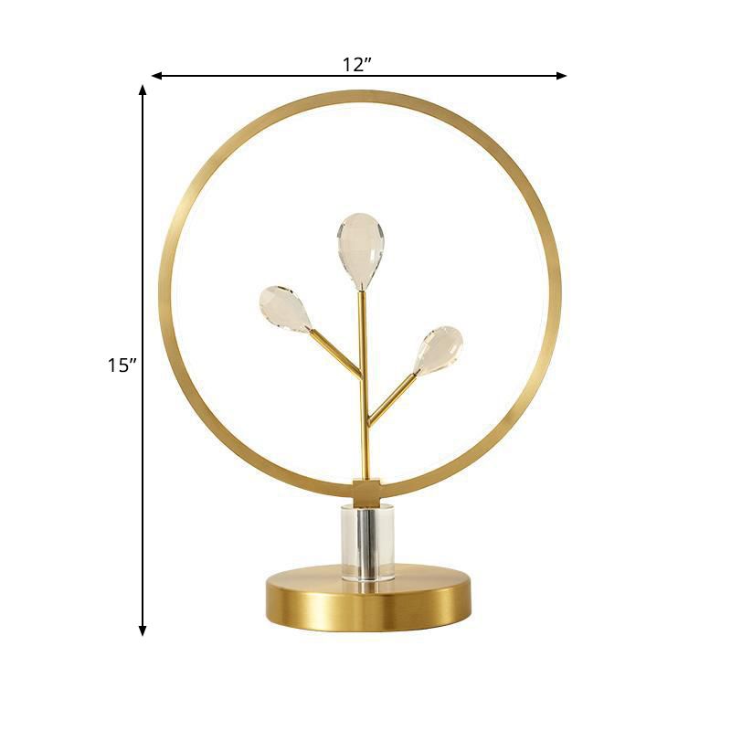 Brass Branchlet Night Lamp Postmodern Crystal Bedside LED Table Lighting with Hoop