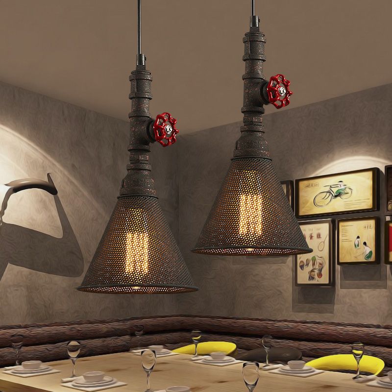 1 Bulb Mesh Scree Pendant Lighting with Cone Shade and Valve Vintage Style Rust Metallic Hanging Lamp