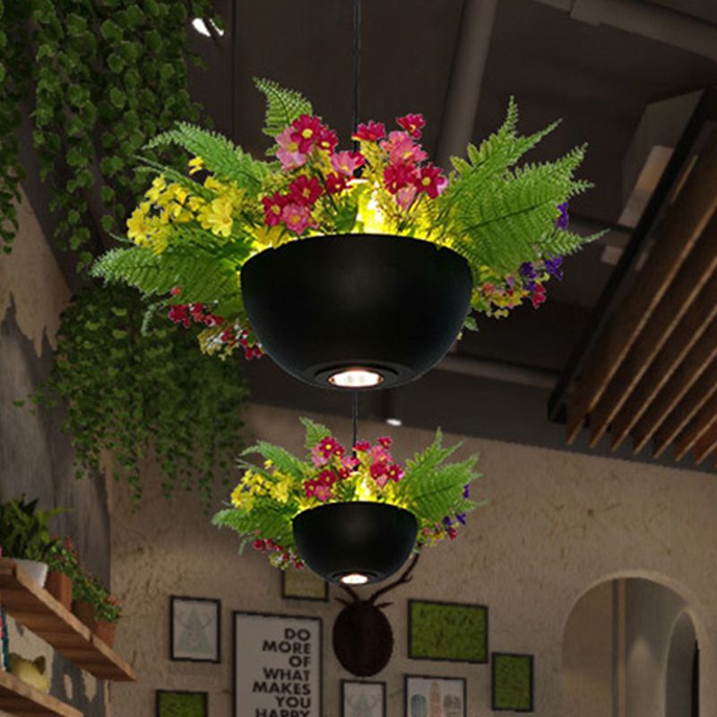 Metal Black Drop Lamp Bowl 1 Bulb Retro LED Plant Hanging Pendant Light for Restaurant