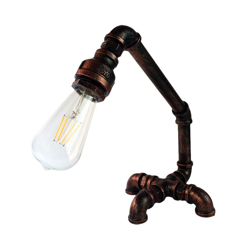 Metallic Bare Bulb Desk Light Vintage 1-Light Bedroom Plug-In Table Lamp in Rust/Black with Cross Pipe Base