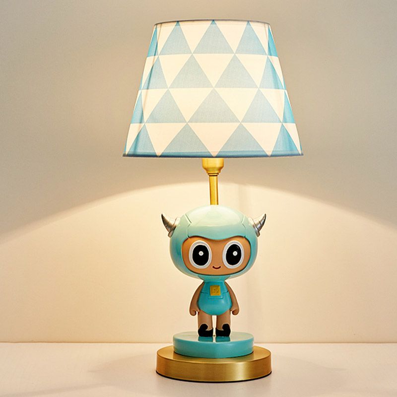 Cartoon Cow Boy Resin Night Lamp 1-Light Table Lighting with Triangle Print Shade in Pink/Blue