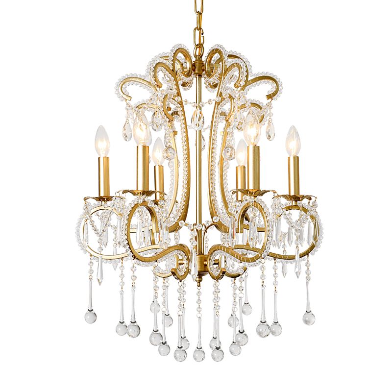 Gold Finish Candle Ceiling Pendant Light Vintage Style Crystal and Metal 6 Lights Suspension Light for Bedroom