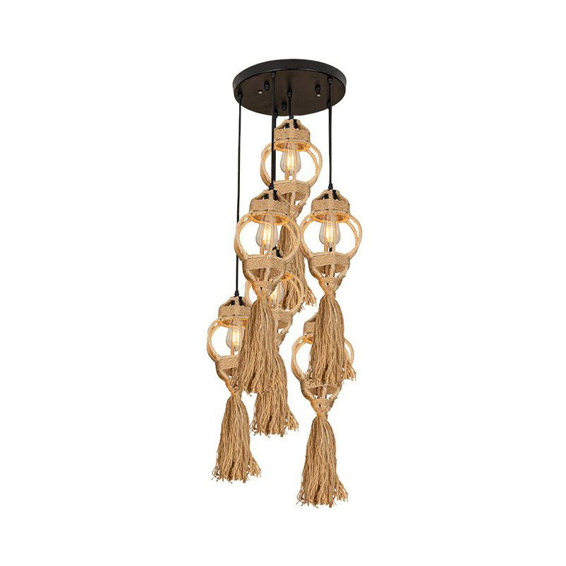 Hand-Made Lantern Kitchen Ceiling Light Farmhouse Hemp Rope 3/6-Head Brown Cluster Pendant with Round/Linear Canopy