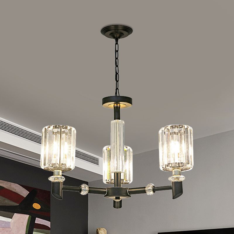 Crystal Cylinder Shade Clear Chandelier Black Metal Frame 3/6 Bulbs Contemporary Ceiling Lighting