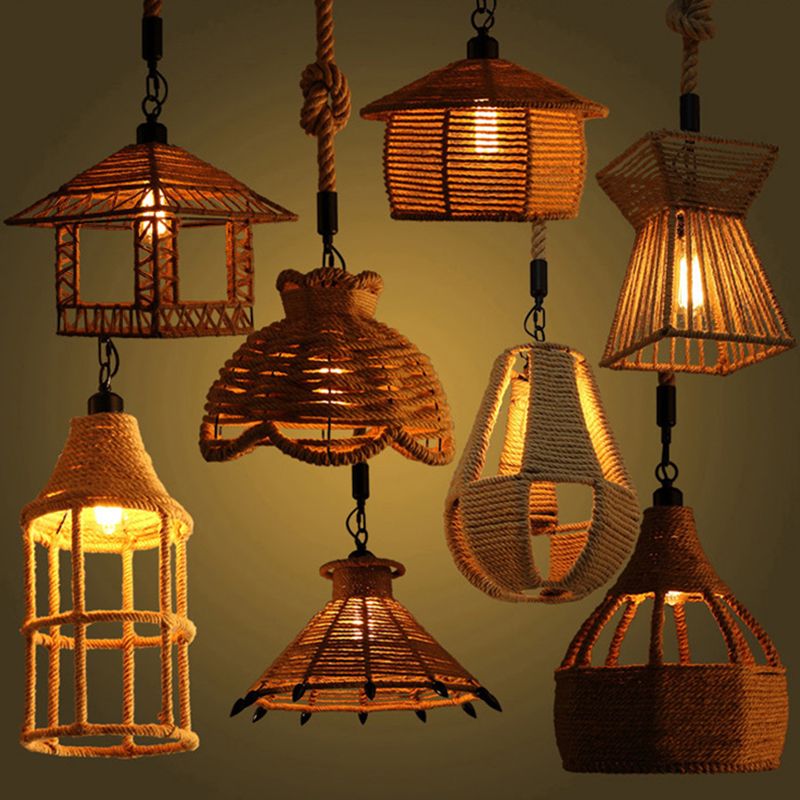 Beige Shade Pendant Lighting Fixture Warehouse Style Rope 1-Light Restaurant Suspension Light