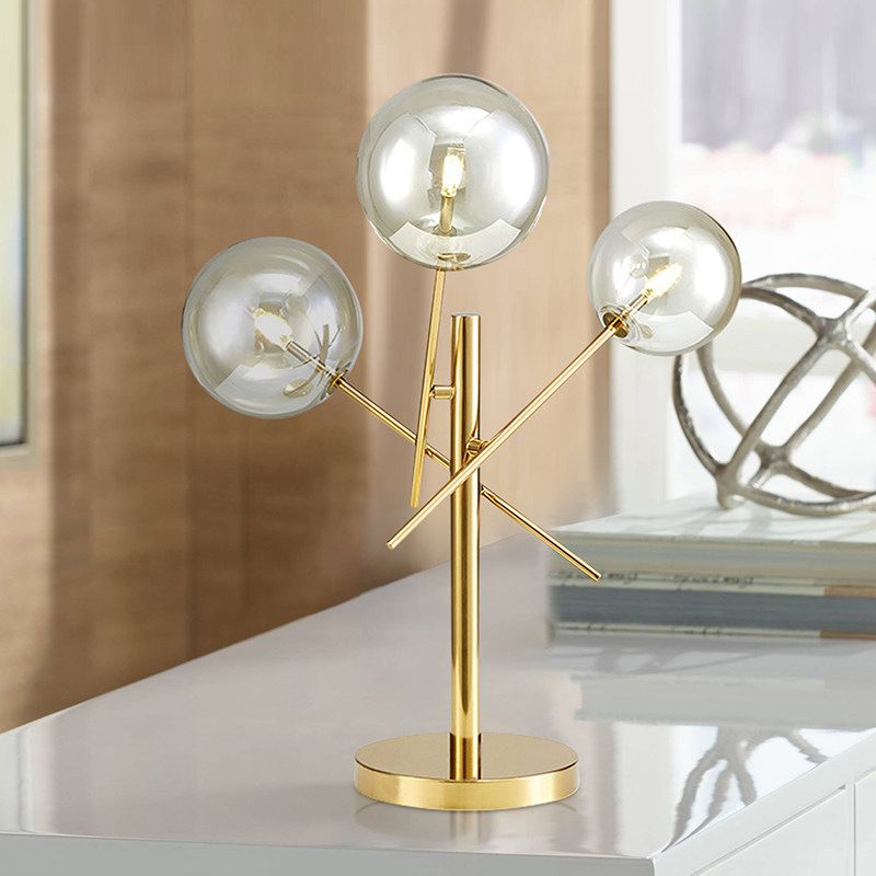 Sphere Silver Glass Night Lighting Modern 3 Heads Gold Rotatable Nightstand Lamp for Bedroom