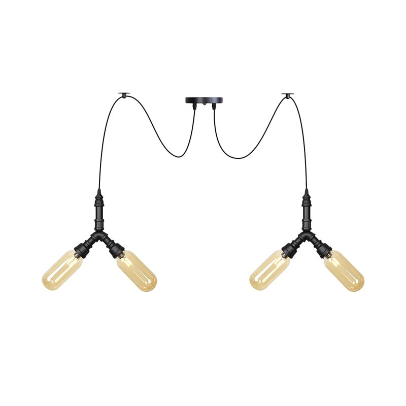 Industrial Capsule Multiple Hanging Light 4/6/12-Head Amber Glass Swag LED Ceiling Lamp in Black