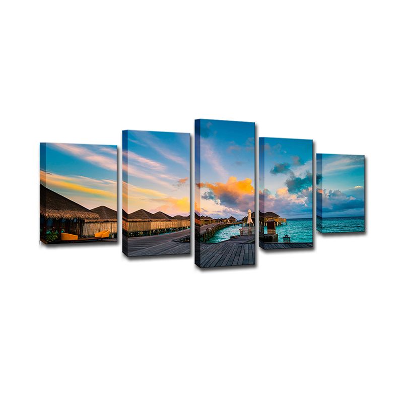 Maldives Sunset View Wall Art Multi-Piece Tropics Hotel Canvas Print in Blue