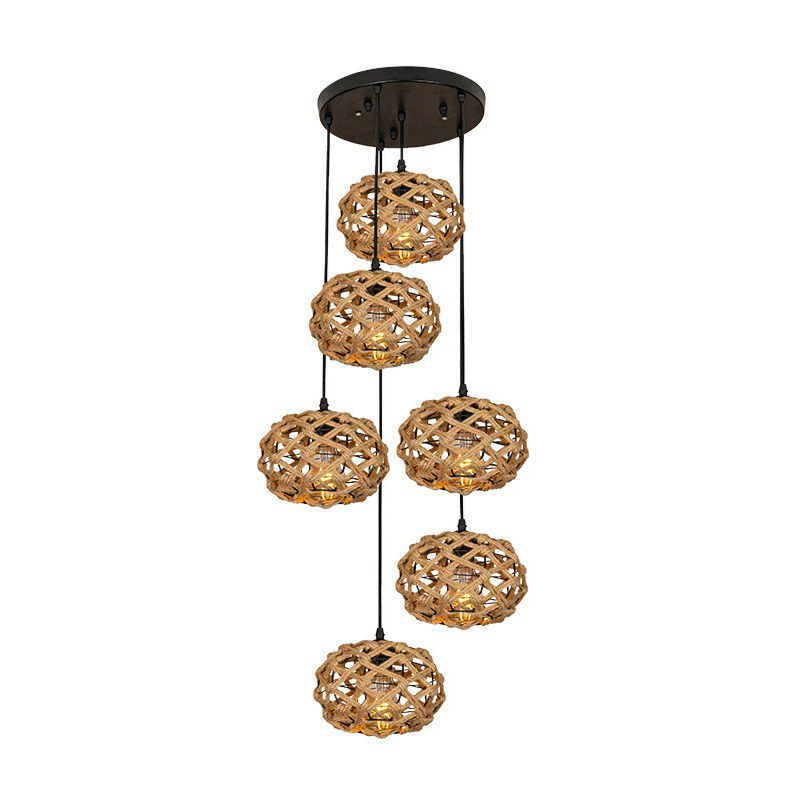 Cross-Woven Rope Cluster Oval Pendant Cottage 3/6 Bulbs Kitchen Bar Round/Linear Canopy Ceiling Hang Light in Brown