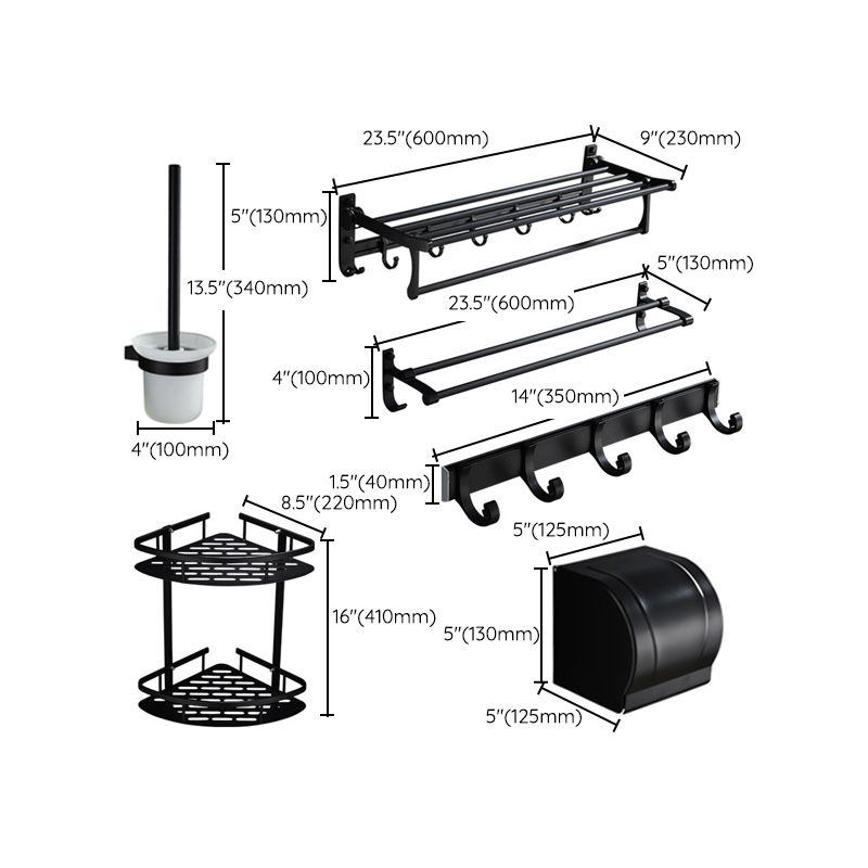 6-Piece Modern Bathroom Hardware Set in Matte Black with Bath Shelf/Towel Bar & Robe Hooks